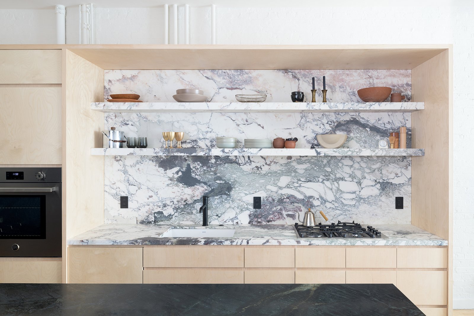 Breccia Marble Tiles On Kitchen Backsplash